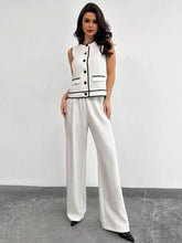 Women Contrast Trim Button Sleeveless Top And High Waist Pants